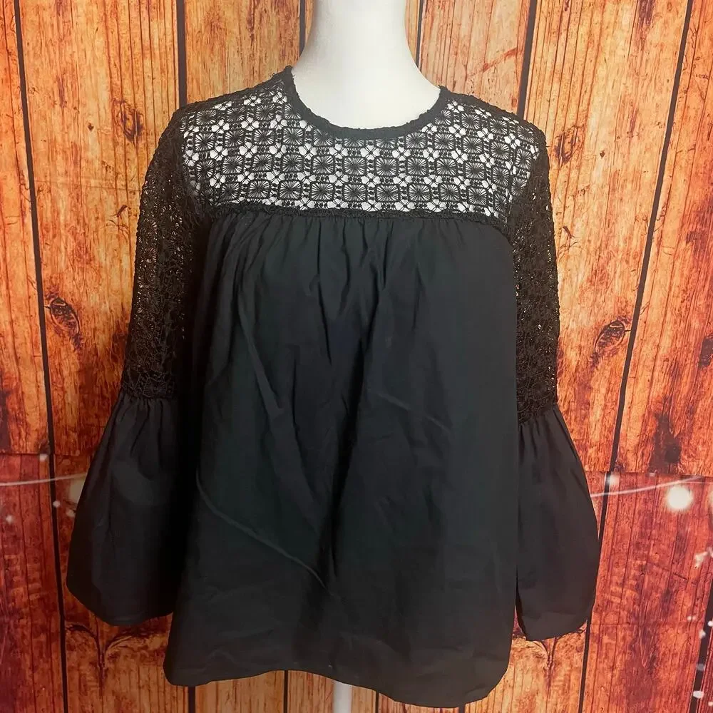 Who What Wear black lace blouse size Small puff cuffs sheer top 100% cotton